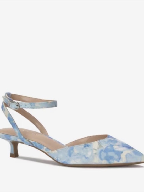 Kelly & Katie Shoes - Kelly & Katie Color Blue/White Floral Print  Slingback Kitten Heel
